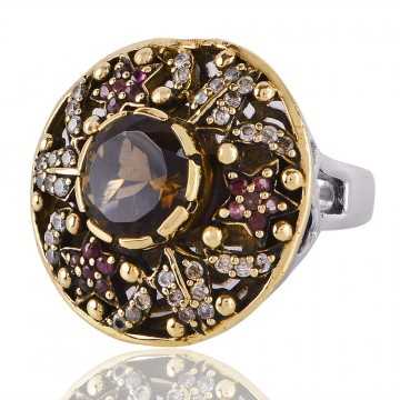 Pink Cubic Zirconia Smoky Quartz and White Cubic Zirconia Gemstone Ring