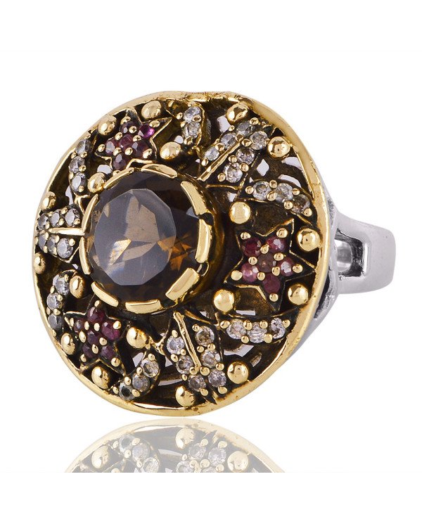 Pink Cubic Zirconia Smoky Quartz and White Cubic Zirconia Gemstone Ring