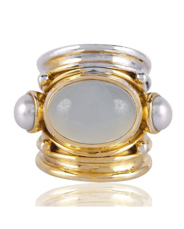 Chalcedony and Pearl Gemstone Sterling Silver Ring