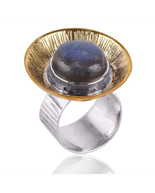 Two Tone Natural Labradorite Gemstone Brass Metal Ring