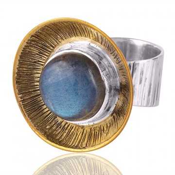 Two Tone Natural Labradorite Gemstone Brass Metal Ring