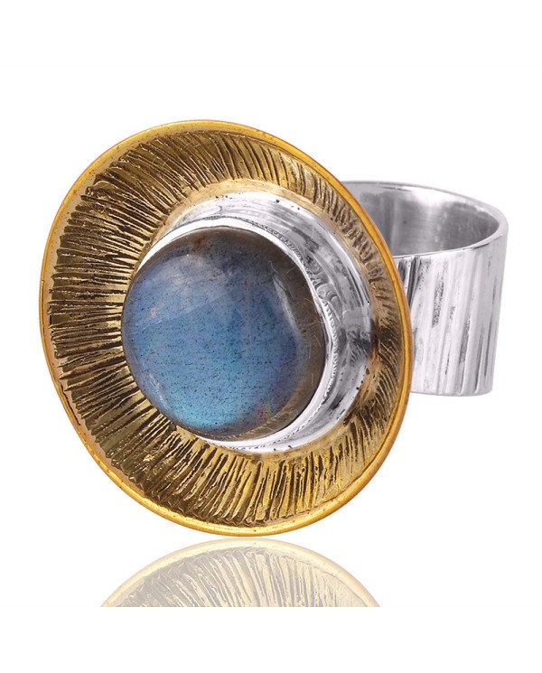 Two Tone Natural Labradorite Gemstone Brass Metal Ring