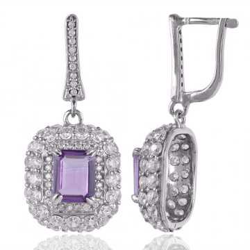 Amethyst, White Cubic Zirconia Gemstone Silver Plated Earring.