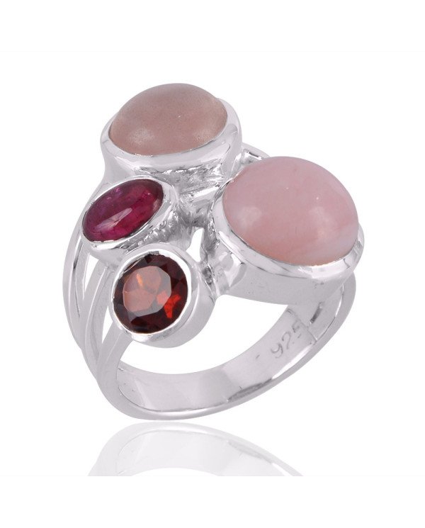 Garnet Pink Opal Rose Quartz and Tourmaline Gemstone Sterling Silver Ring