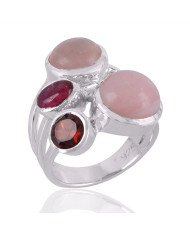 Garnet Pink Opal Rose Quartz and Tourmaline Gemstone Sterling Silver Ring