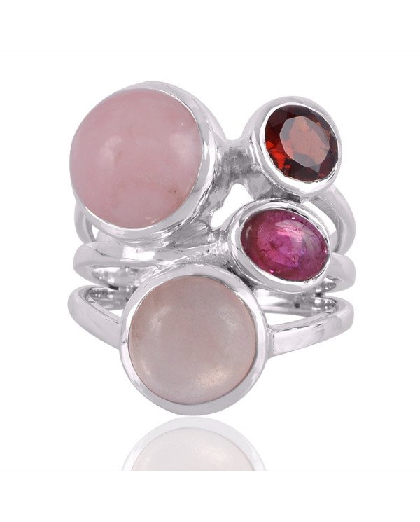 Garnet Pink Opal Rose Quartz and Tourmaline Gemstone Sterling Silver Ring