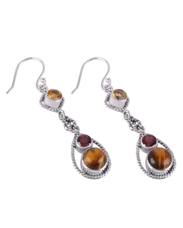 Tiger's Eye Smoky and Citrine Gemstone 925 Sterling Silver Dangle earring