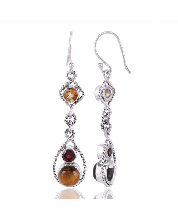 Tiger's Eye Smoky and Citrine Gemstone 925 Sterling Silver Dangle earring