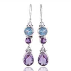Blue Toapz and Amethyst Handmade 925 Silver Dangle Earring