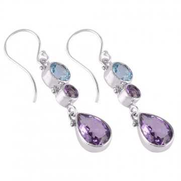 Blue Toapz and Amethyst Handmade 925 Silver Dangle Earring