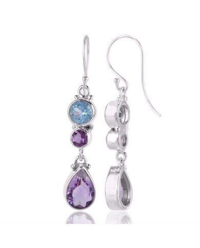 Blue Toapz and Amethyst Handmade 925 Silver Dangle Earring