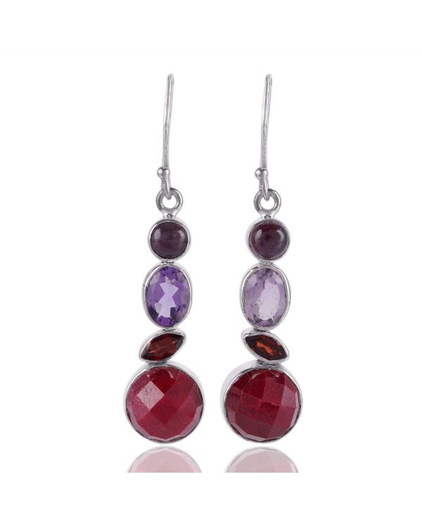 Natural Amethyst, Corundum, Garnet and Ruby Gemstone and 925 Sterling Silver Dangling Earring | Jewels Artisan