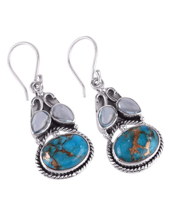 Natural Blue Topaz with Blue Copper Turquoise and 925 Sterling Silver Dangling Earring | Jewels Artisan