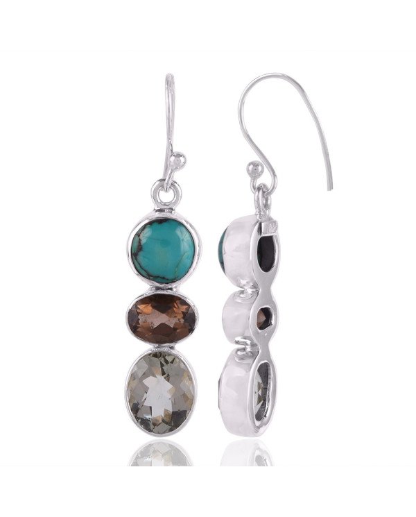 Natural Turquoise Smoky Quartz with Green Amethyst and 925 Sterling Silver Dangling Earring | Jewels Artisan