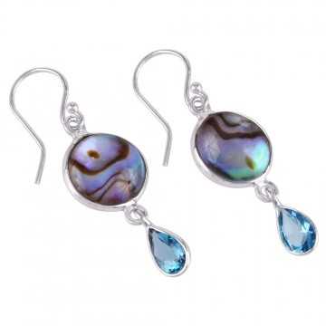 Abalone Shell with Blue Topaz 100% Natural Gemstone Sterling Silver Dangling Earring | Jewels Artisan