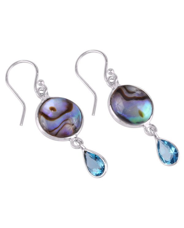 Abalone Shell with Blue Topaz 100% Natural Gemstone Sterling Silver Dangling Earring | Jewels Artisan