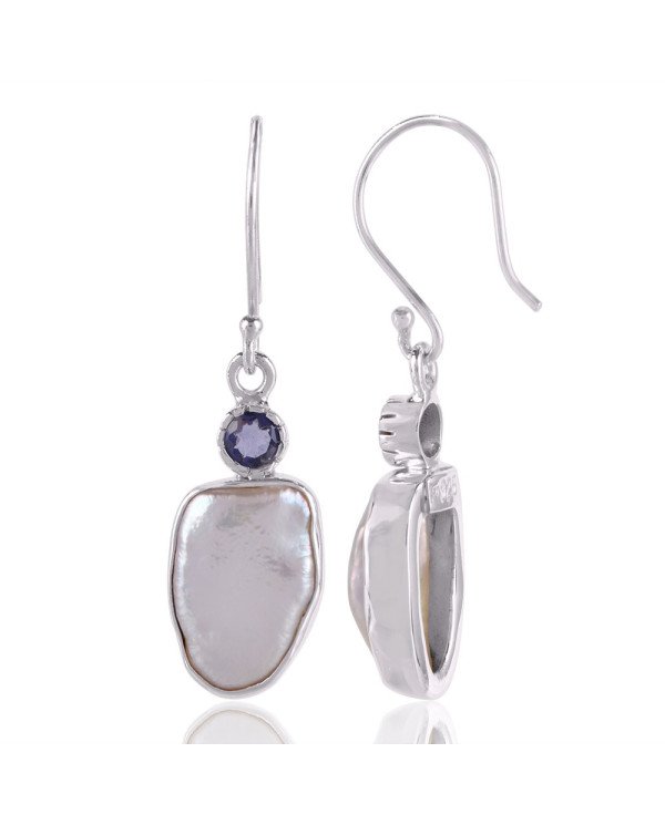 Natural Iolite And Pearl Gemstone Sterling Silver Earring | Jewels Artisan