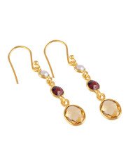 Pearl Garnet and Citrine Thre Stone Dangle Earring Sterling Silver