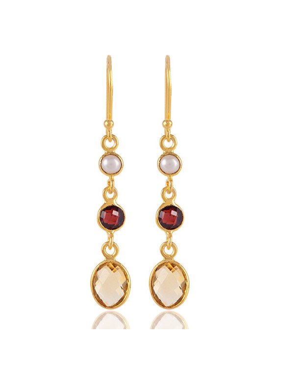 Pearl Garnet and Citrine Thre Stone Dangle Earring Sterling Silver