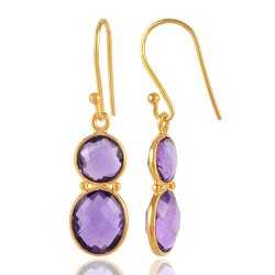 Amethyst Gemstone Briolite Thin Silver Earrings | Jewels Artisan.
