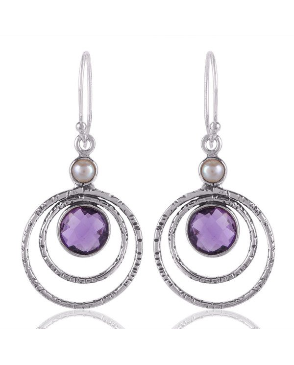 Amethyst Briolet and Pearl Natural Gemstone Sterling Silver Drop and Dangling Earring | Jewels Artisan