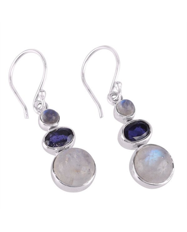 Iolite and Rainbow Moonstone Gemstone Sterling Silver Dangling Earring | Jewels Artisan