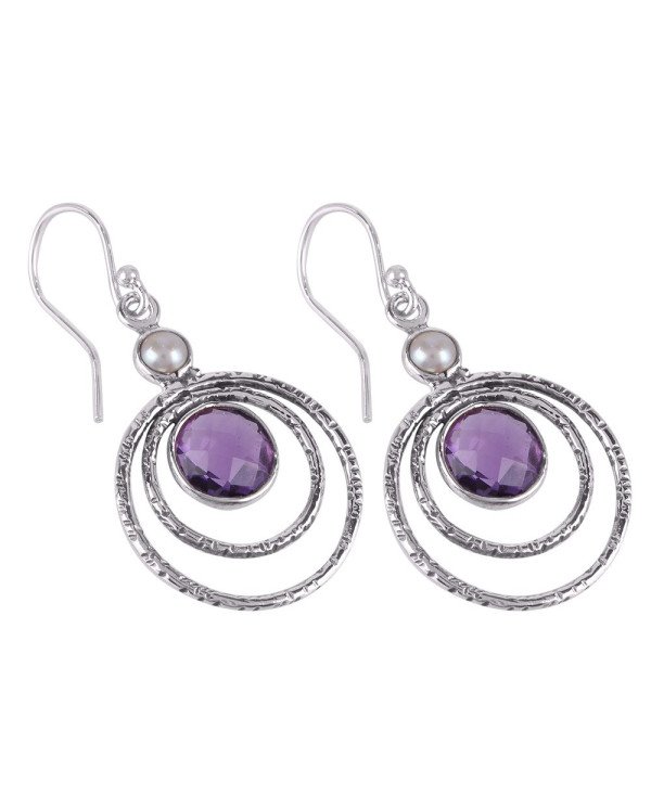 Amethyst Briolet and Pearl Natural Gemstone Sterling Silver Drop and Dangling Earring | Jewels Artisan