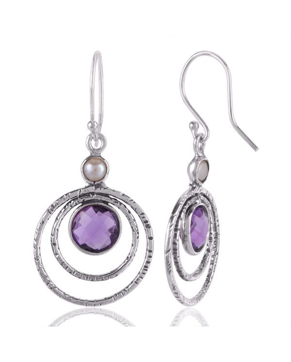 Amethyst Briolet and Pearl Natural Gemstone Sterling Silver Drop and Dangling Earring | Jewels Artisan