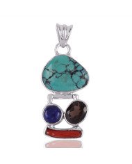 Natural Coral Stick Lapis Smoky Quartz and Tibetan Turquoise  Gemstone Sterling Silver Pendant | Jewels Artisan
