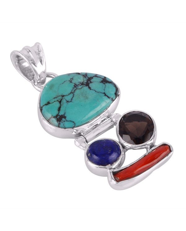 Natural Coral Stick Lapis Smoky Quartz and Tibetan Turquoise  Gemstone Sterling Silver Pendant | Jewels Artisan