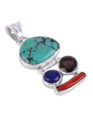 Natural Coral Stick Lapis Smoky Quartz and Tibetan Turquoise  Gemstone Sterling Silver Pendant | Jewels Artisan