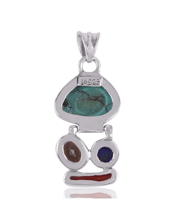 Natural Coral Stick Lapis Smoky Quartz and Tibetan Turquoise  Gemstone Sterling Silver Pendant | Jewels Artisan