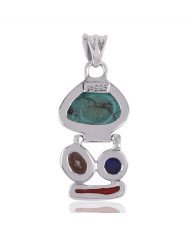 Natural Coral Stick Lapis Smoky Quartz and Tibetan Turquoise  Gemstone Sterling Silver Pendant | Jewels Artisan