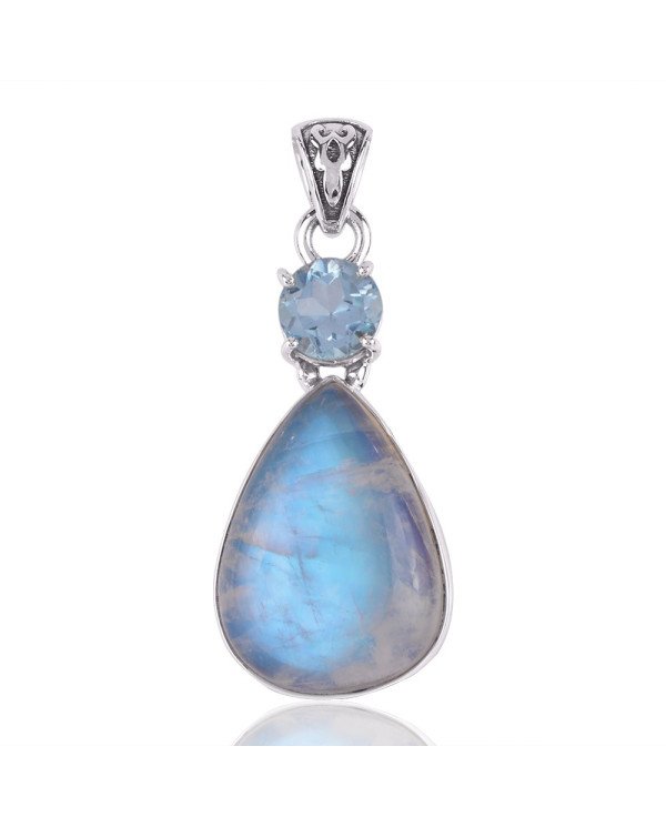 Rainbow Moonstone Blue Topaz Silver Pendant