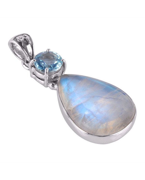 Rainbow Moonstone Blue Topaz Silver Pendant