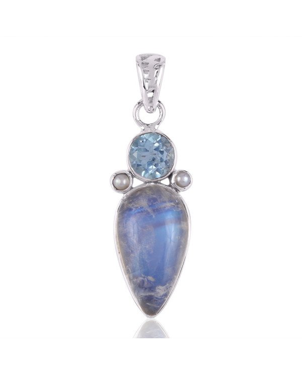 Natural Rainbow Moonstone Sky Blue Topaz and Pearl Gemstone Sterling Silver Pendant | Jewels Artisan