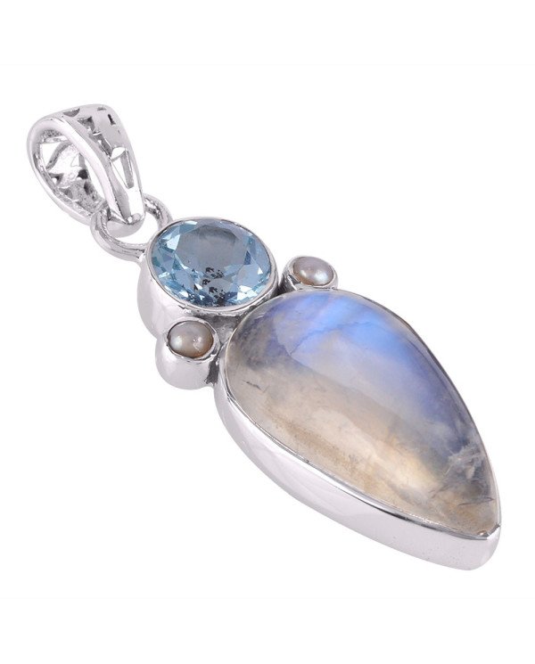 Natural Rainbow Moonstone Sky Blue Topaz and Pearl Gemstone Sterling Silver Pendant | Jewels Artisan