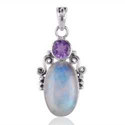 Natural  Amethyst  Rainbow moonstone Gemstone Sterling Silver Pendant | Jewels Artisan