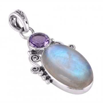 Natural  Amethyst  Rainbow moonstone Gemstone Sterling Silver Pendant | Jewels Artisan