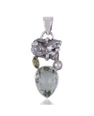 Natural  Green Amethyst  Meteorite Rough  Pearl and Peridot Gemstone Sterling Silver Pendant | Jewels Artisan