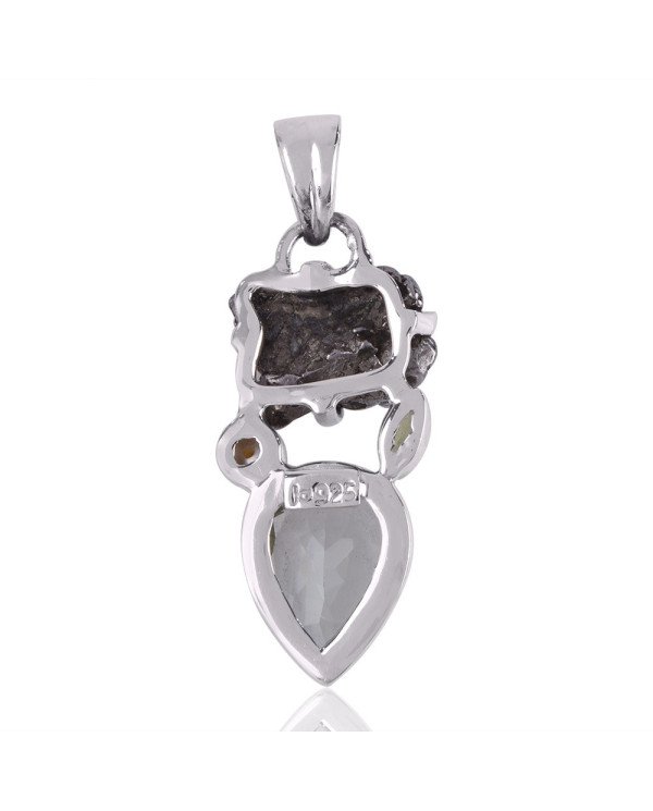 Natural  Green Amethyst  Meteorite Rough  Pearl and Peridot Gemstone Sterling Silver Pendant | Jewels Artisan