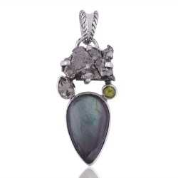 Natural Green Amethyst Meteorite Rough Labradorite Peridot Gemstone Silver Pendant