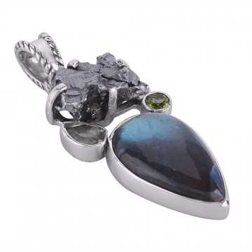 Natural Green Amethyst Meteorite Rough Labradorite Peridot Gemstone Silver Pendant