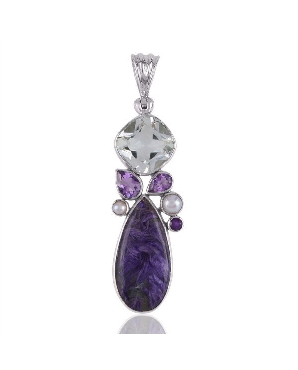 Natural Amethyst Charoite Crystal and Pearl Gemstone Sterling Silver Pendant