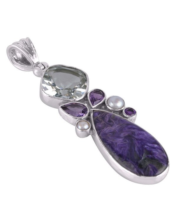 Natural Amethyst Charoite Crystal and Pearl Gemstone Sterling Silver Pendant