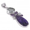 Natural Amethyst Charoite Crystal and Pearl Gemstone Sterling Silver Pendant