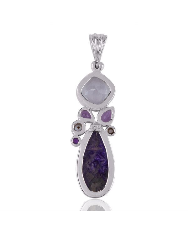 Natural Amethyst Charoite Crystal and Pearl Gemstone Sterling Silver Pendant