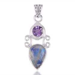 Natural Rainbow Moonstone Amethyst Gemstone Sterling Silver Pendant