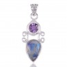 Natural Rainbow Moonstone Amethyst Gemstone Sterling Silver Pendant