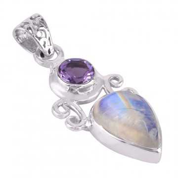 Natural Rainbow Moonstone Amethyst Gemstone Sterling Silver Pendant